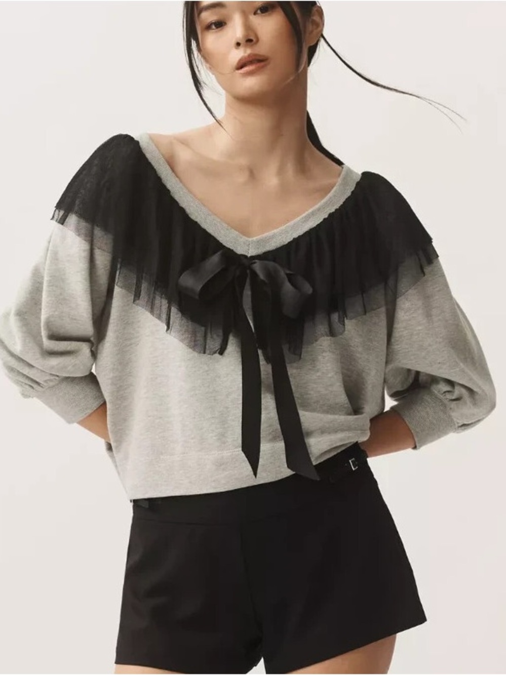 Maeve Gray Sweater with Black Lace Collar